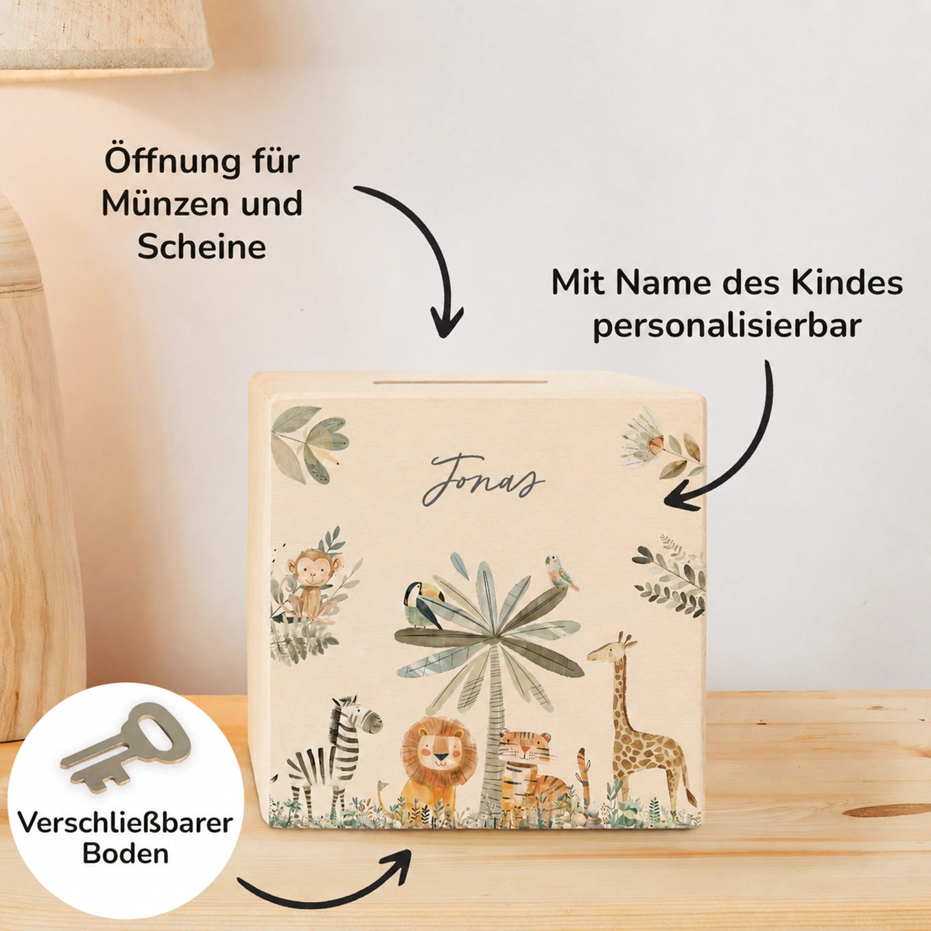 Tirelire en bois personnalisée « Animaux de safari »