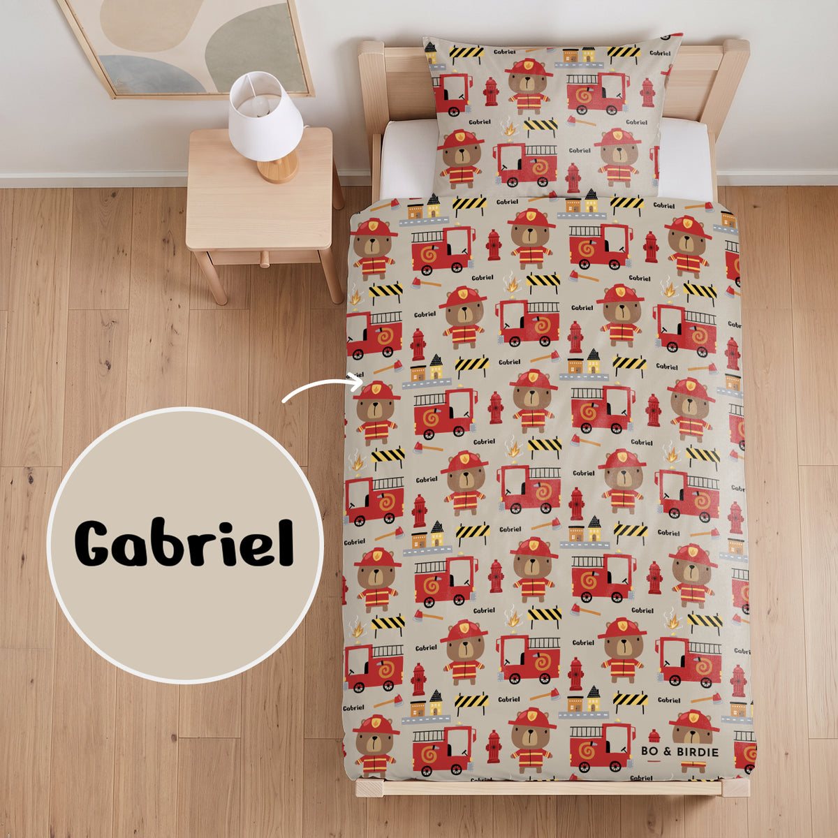 Parure de lit enfant personnalisée « Pompier » comme cadeau pour enfants : ours pompiers, camions rouges et prénom – Bo & Birdie market_france