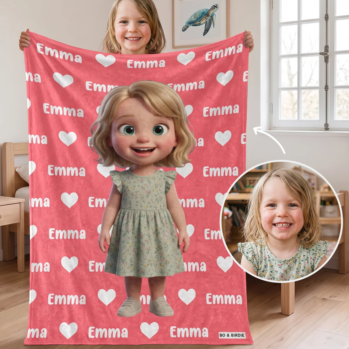 Plaid personnalisé « Personnage cartoon » avec photo et prénom : fillette en personnage cartoon sur un plaid rouge avec le prénom Emma et des cœurs, Bo & Birdie | market_france
