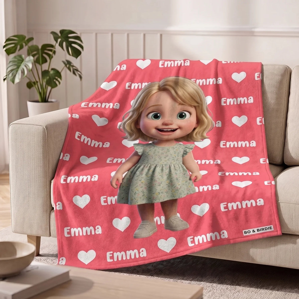 Plaid rouge pour enfant avec fillette cartoon et prénom Emma sur un canapé | market_france