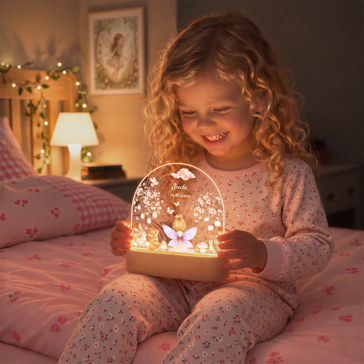 Fillette souriante en pyjama tenant la veilleuse fée allumée sur le lit | market_france
