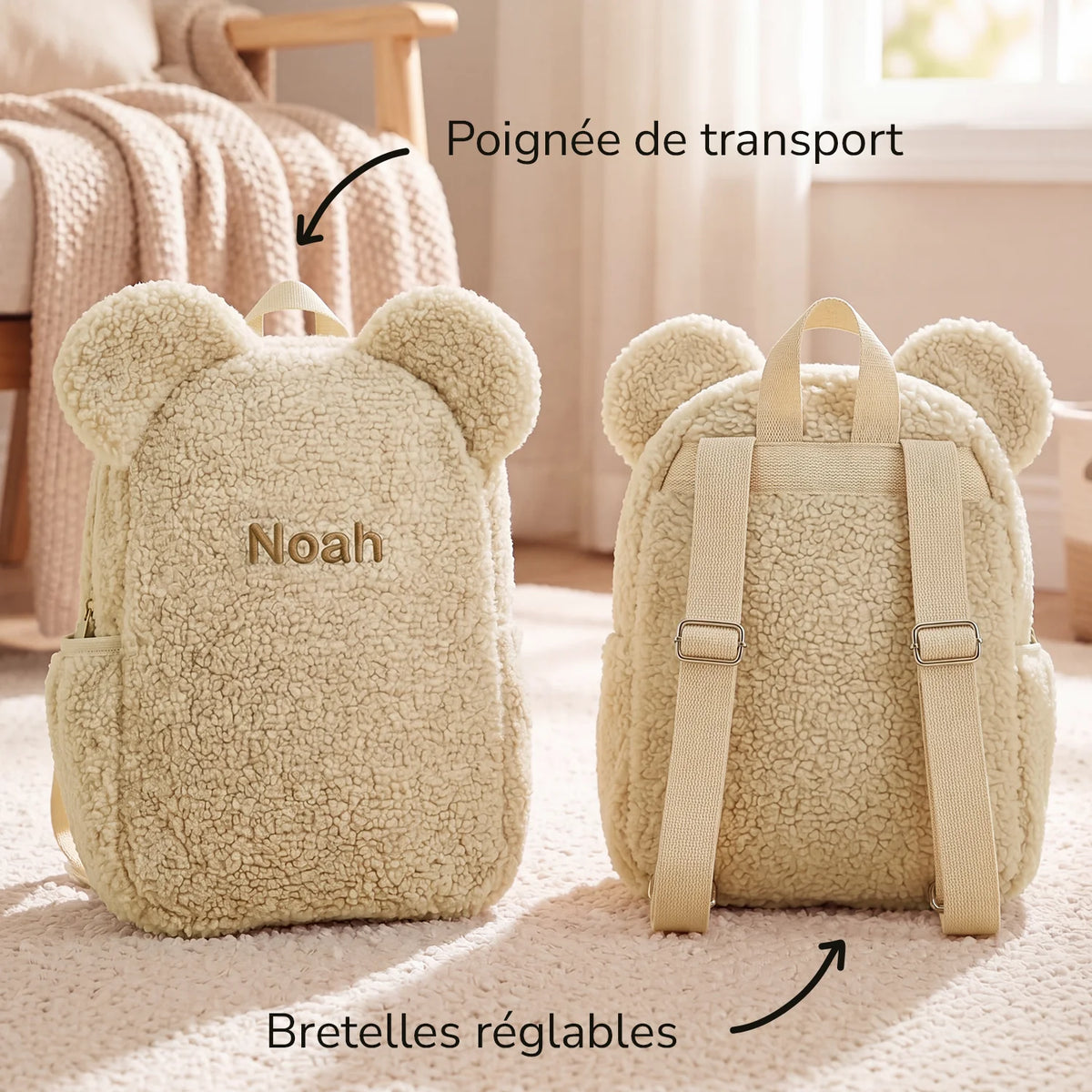 Devant et dos du sac à dos ourson beige avec poignée de transport et bretelles réglables | market_france