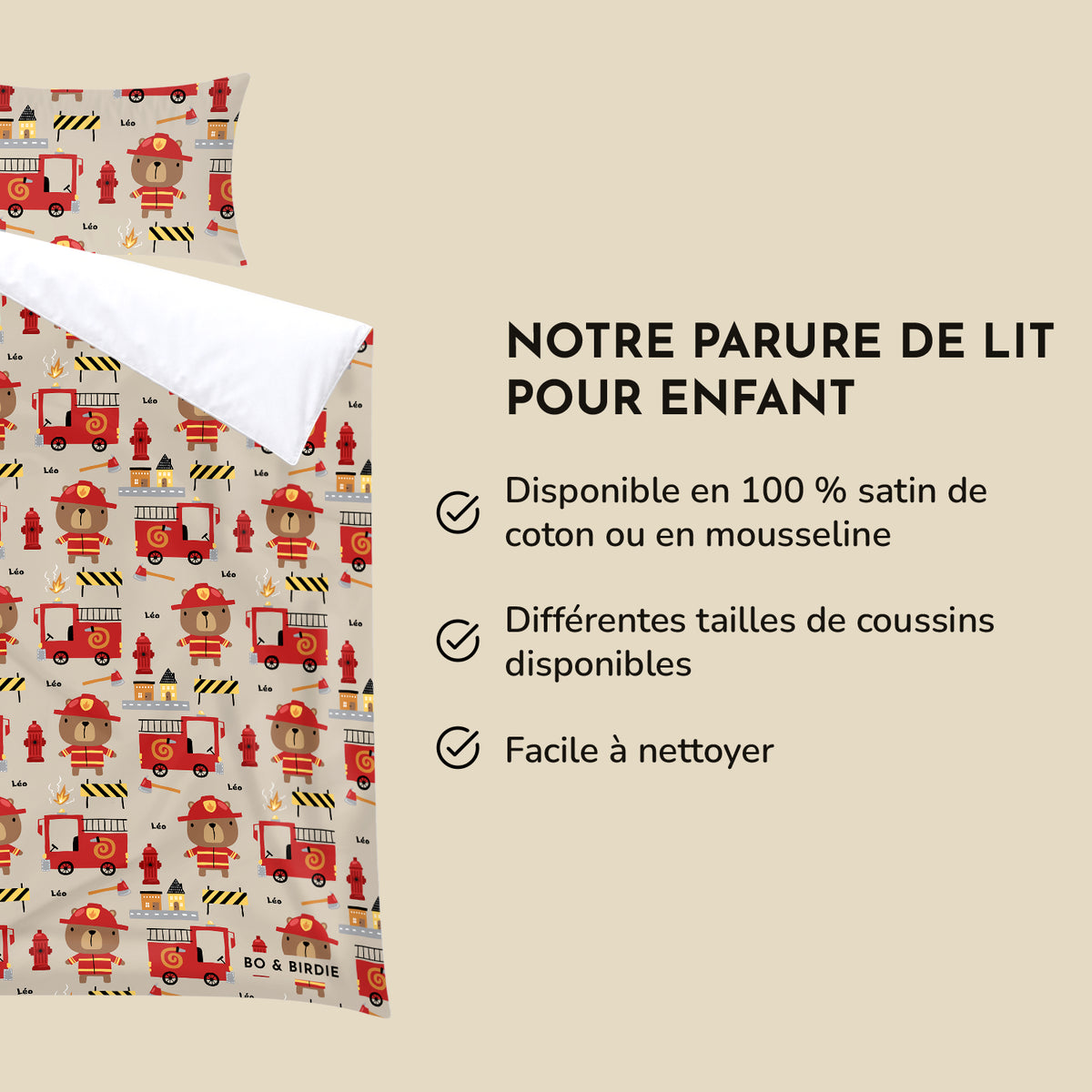 Infographie parure de lit enfant Pompier : satin de coton ou mousseline, facile à nettoyer market_france