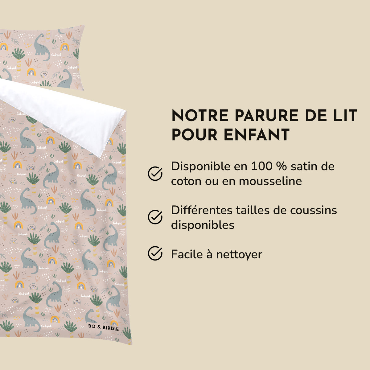 Infographie parure de lit enfant Dinosaures : satin de coton ou mousseline, facile à nettoyer market_france