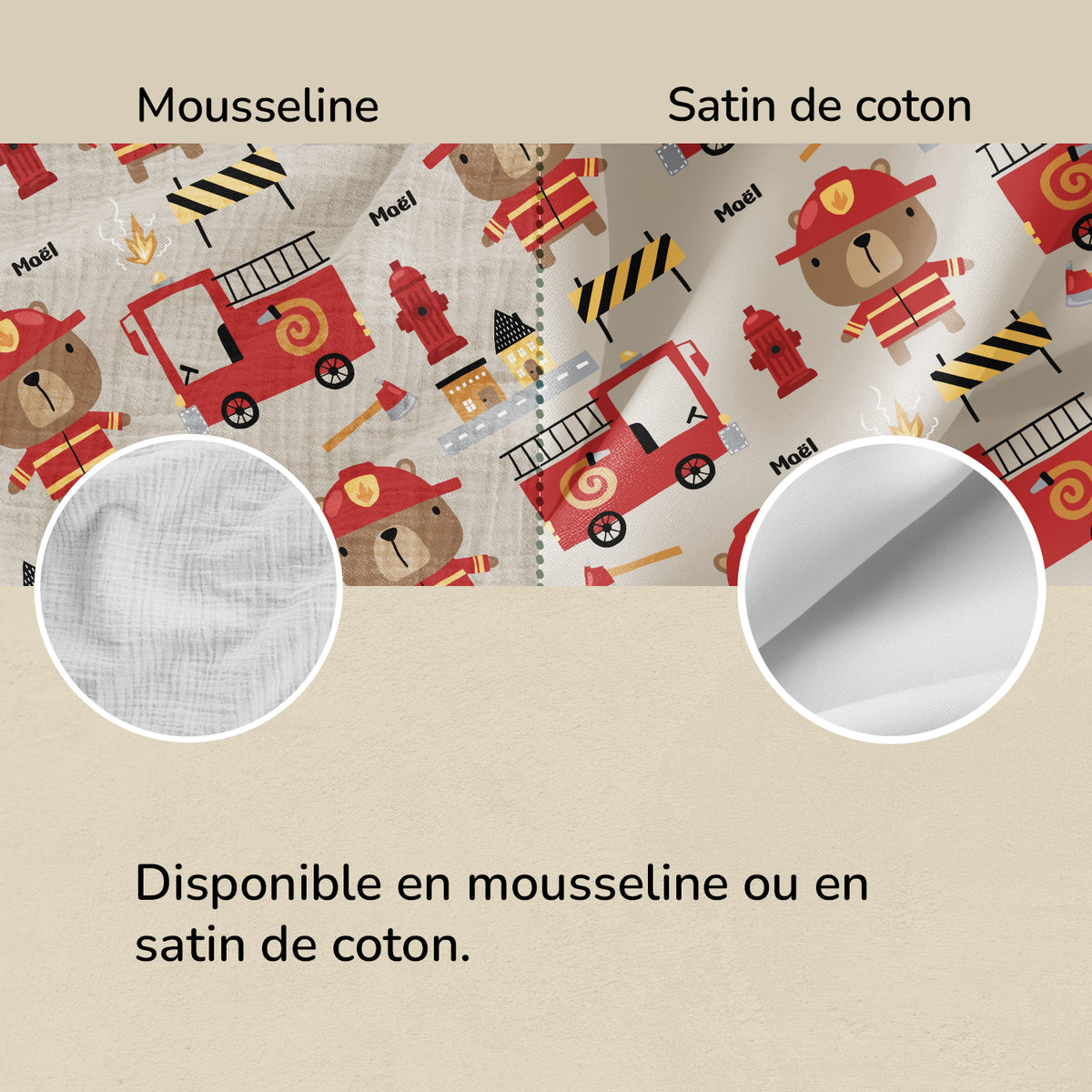 Infographie parure de lit Pompier : disponible en mousseline ou en satin de coton market_france