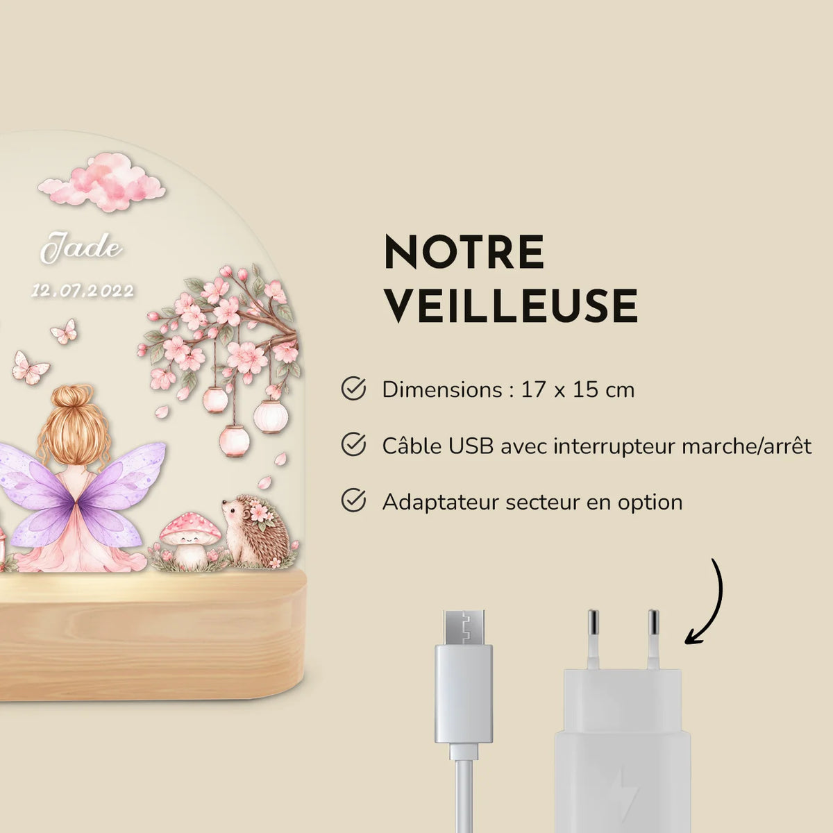 Infographie de la veilleuse : 17 x 15 cm, câble USB avec interrupteur, adaptateur secteur en option | market_france
