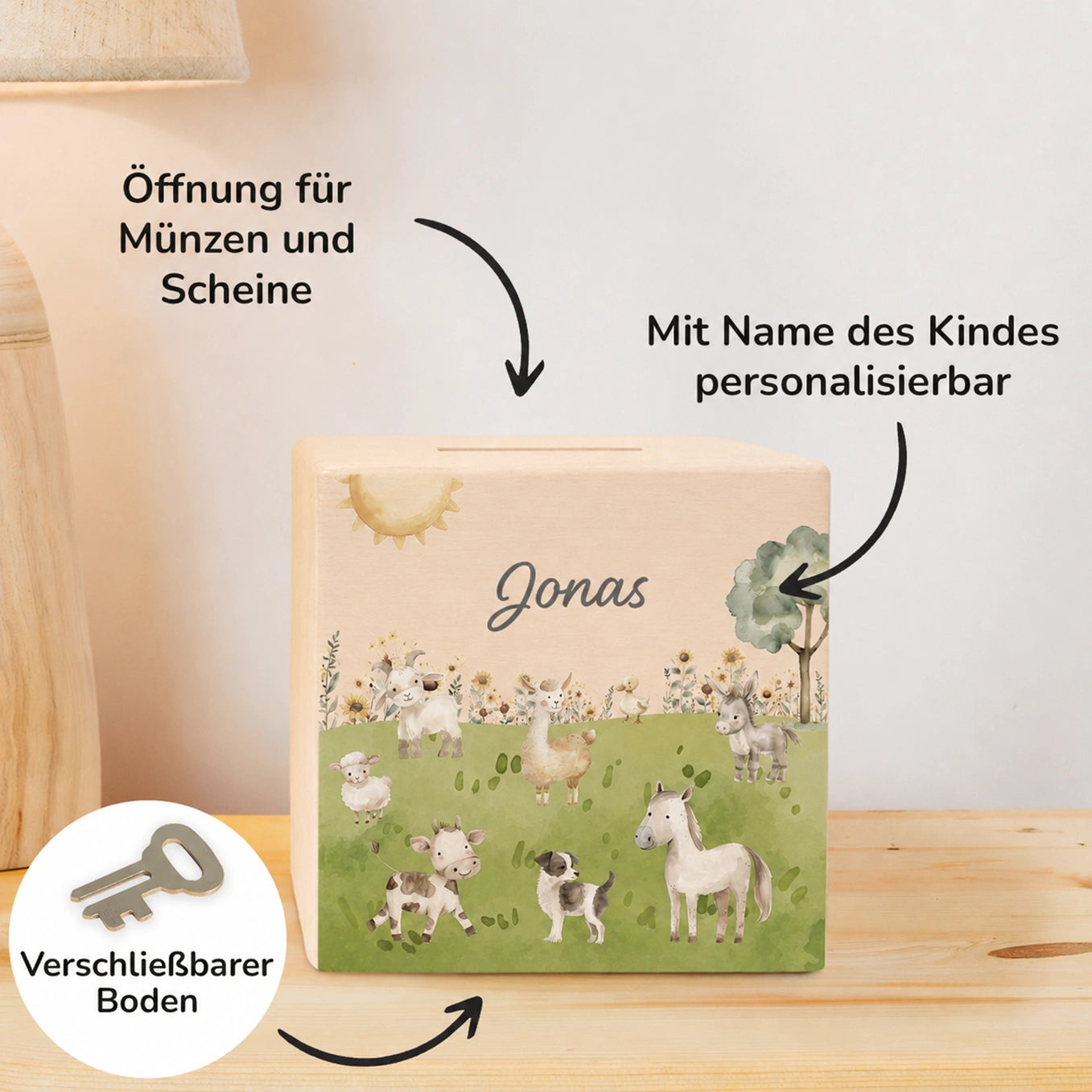 Tirelire en bois personnalisée « Ferme »
