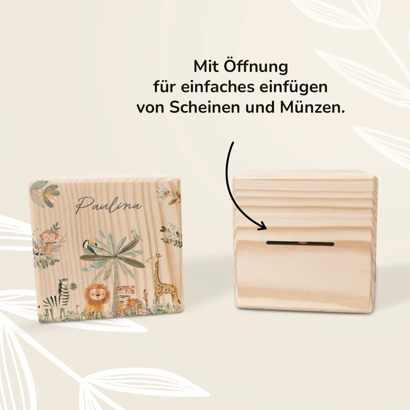 Personalisierte Holzspardose "Safari Tiere"