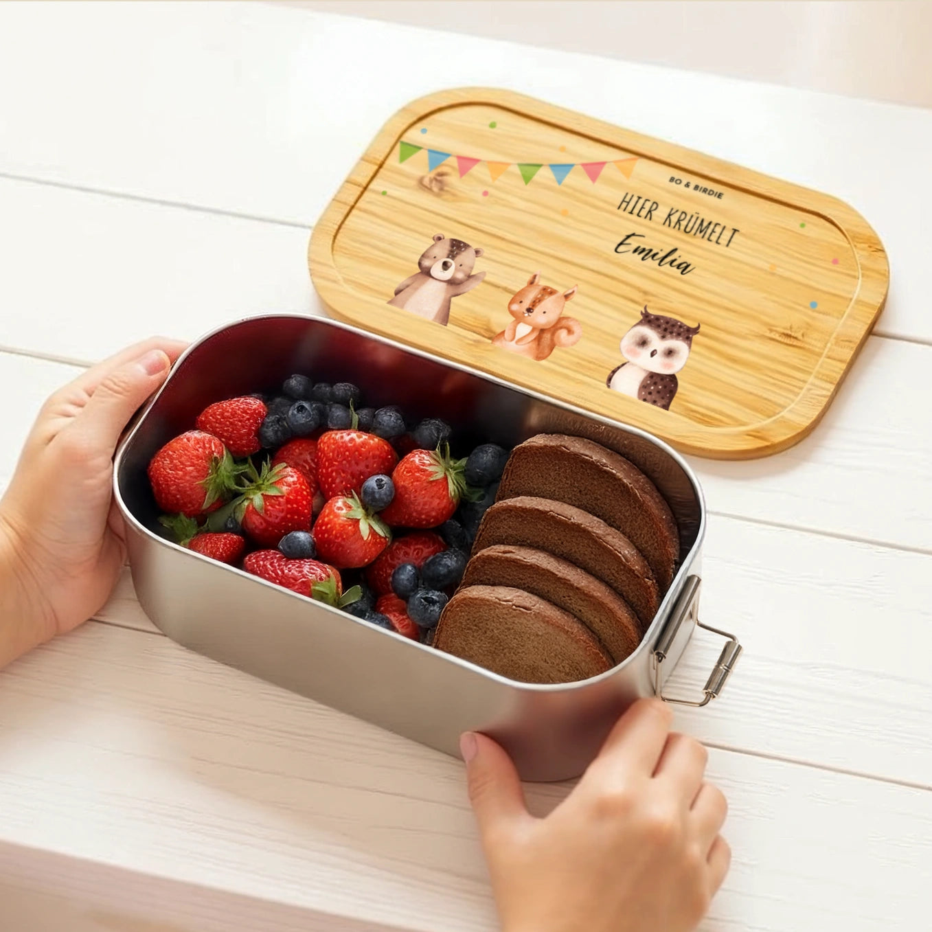 Lunch box personnalisée avec couvercle en bambou « Confettis »