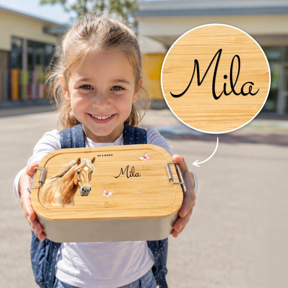 Lunch box personnalisée avec couvercle en bambou « Chevaux »