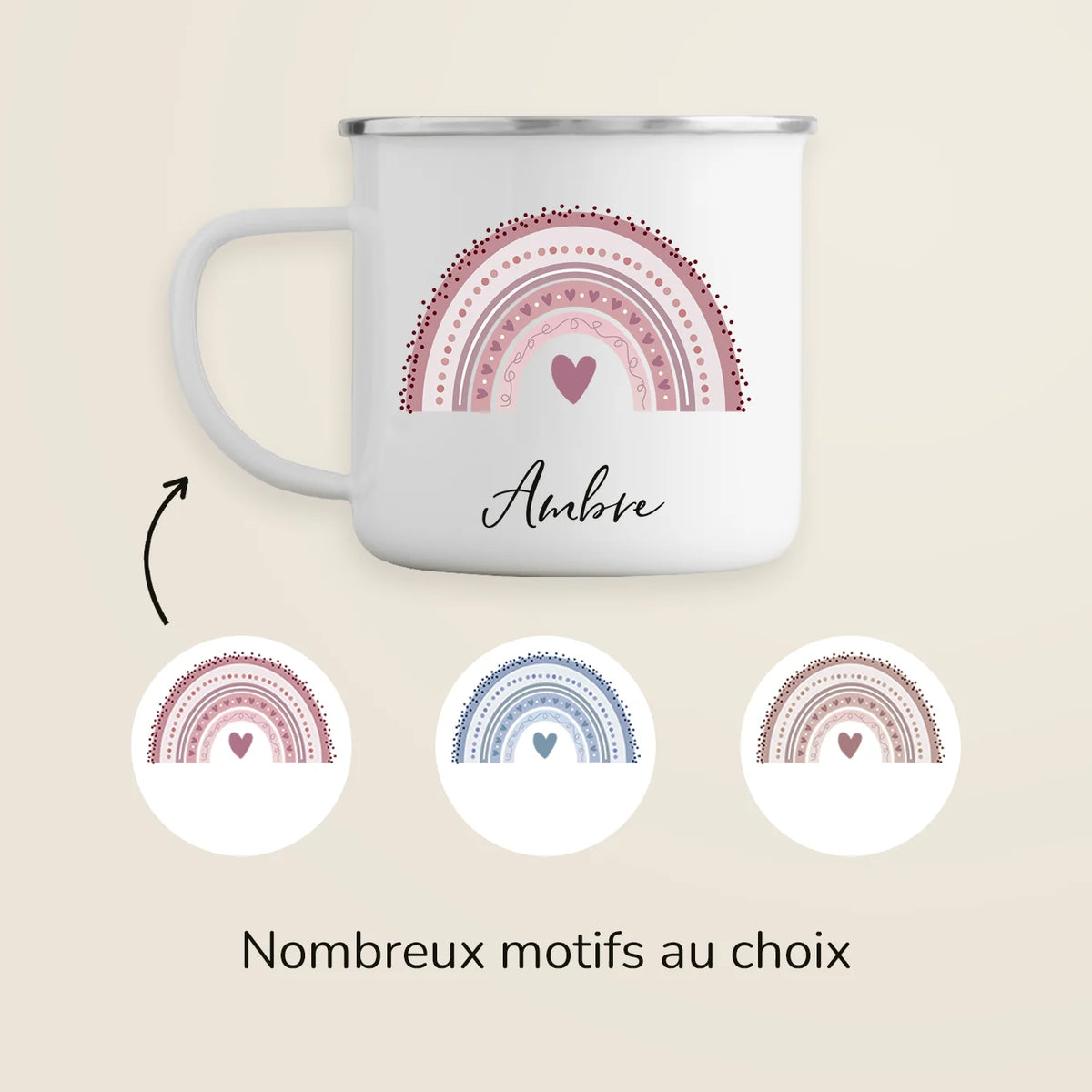 Tasse émaillée enfant arc-en-ciel avec prénom et trois motifs arc-en-ciel au choix market_france
