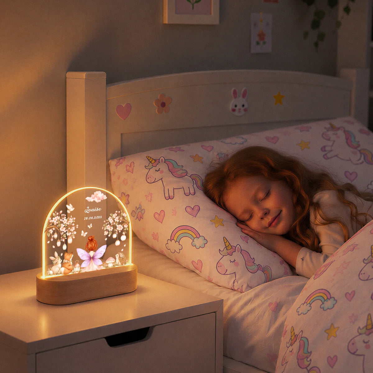 Fillette endormie à côté de la veilleuse fée allumée sur la table de nuit | market_france