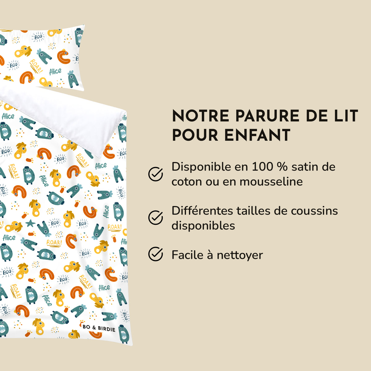 Infographie parure Monstres : satin de coton ou mousseline, tailles d'oreiller, facile à nettoyer market_france