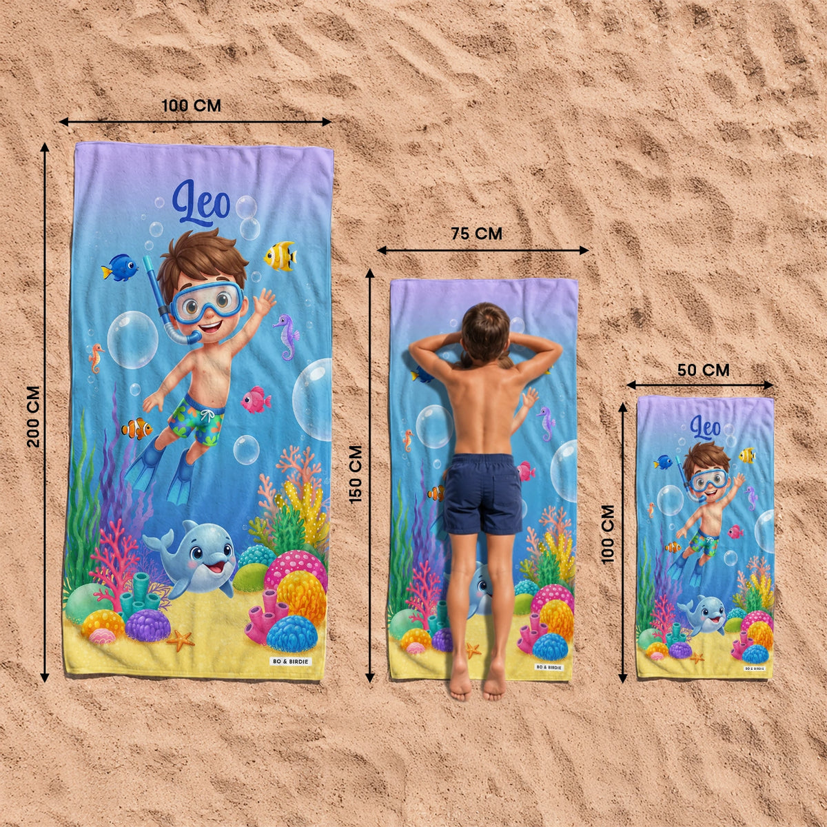 Dimensions de la serviette de plage Tuba avec prénom : 100 x 200 cm, 75 x 150 cm et 50 x 100 cm market_france