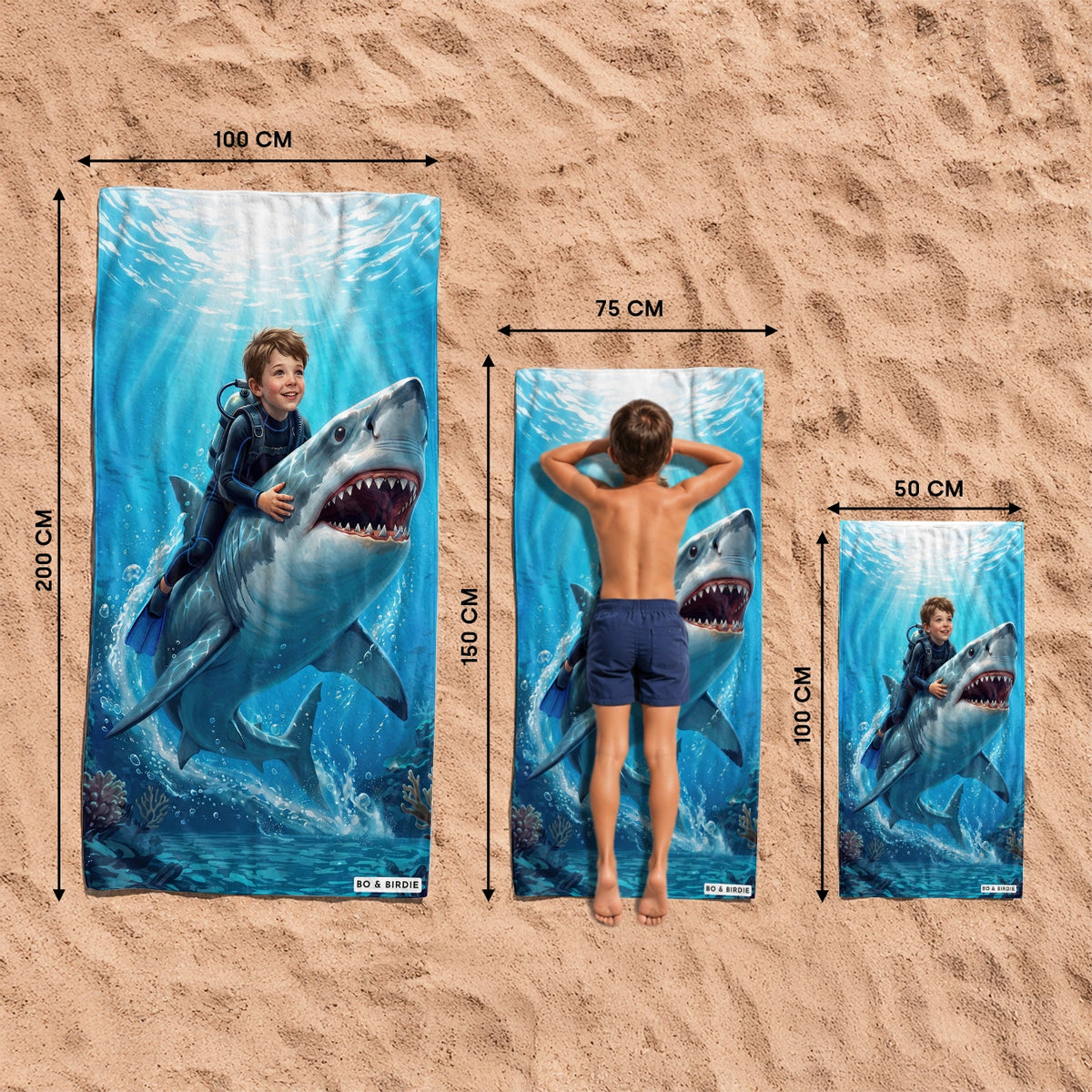 Dimensions de la serviette de plage Requin : 100 x 200 cm, 75 x 150 cm et 50 x 100 cm market_france