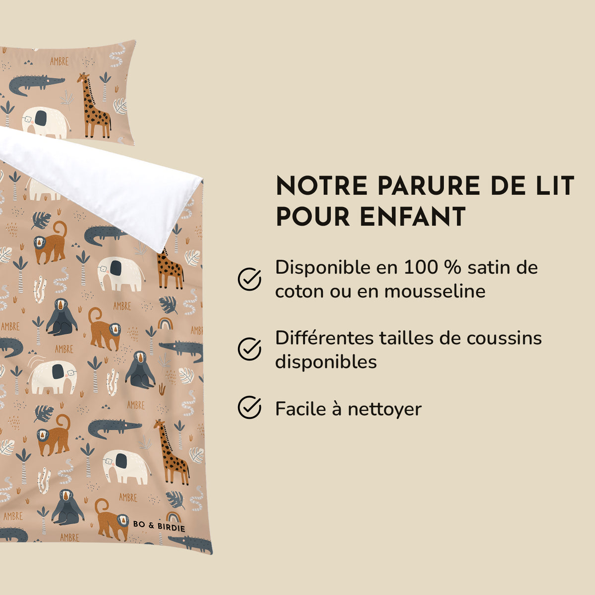 Infographie parure Savane : satin de coton ou mousseline, tailles d'oreiller, facile à nettoyer market_france