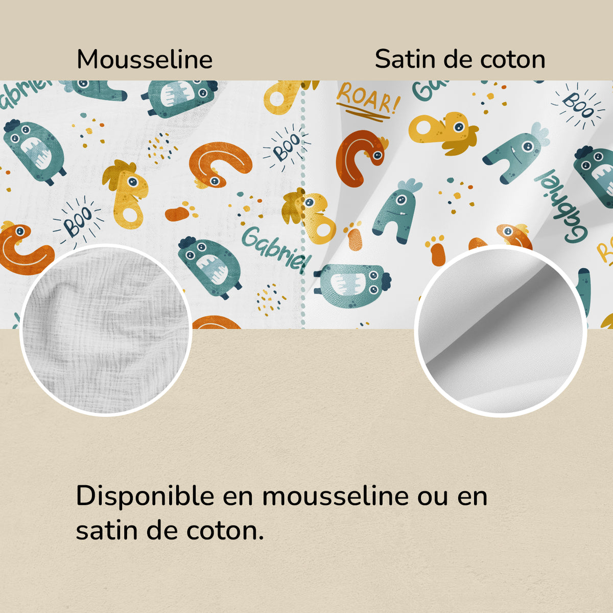 Comparatif mousseline et satin de coton de la parure Monstres avec prénom market_france