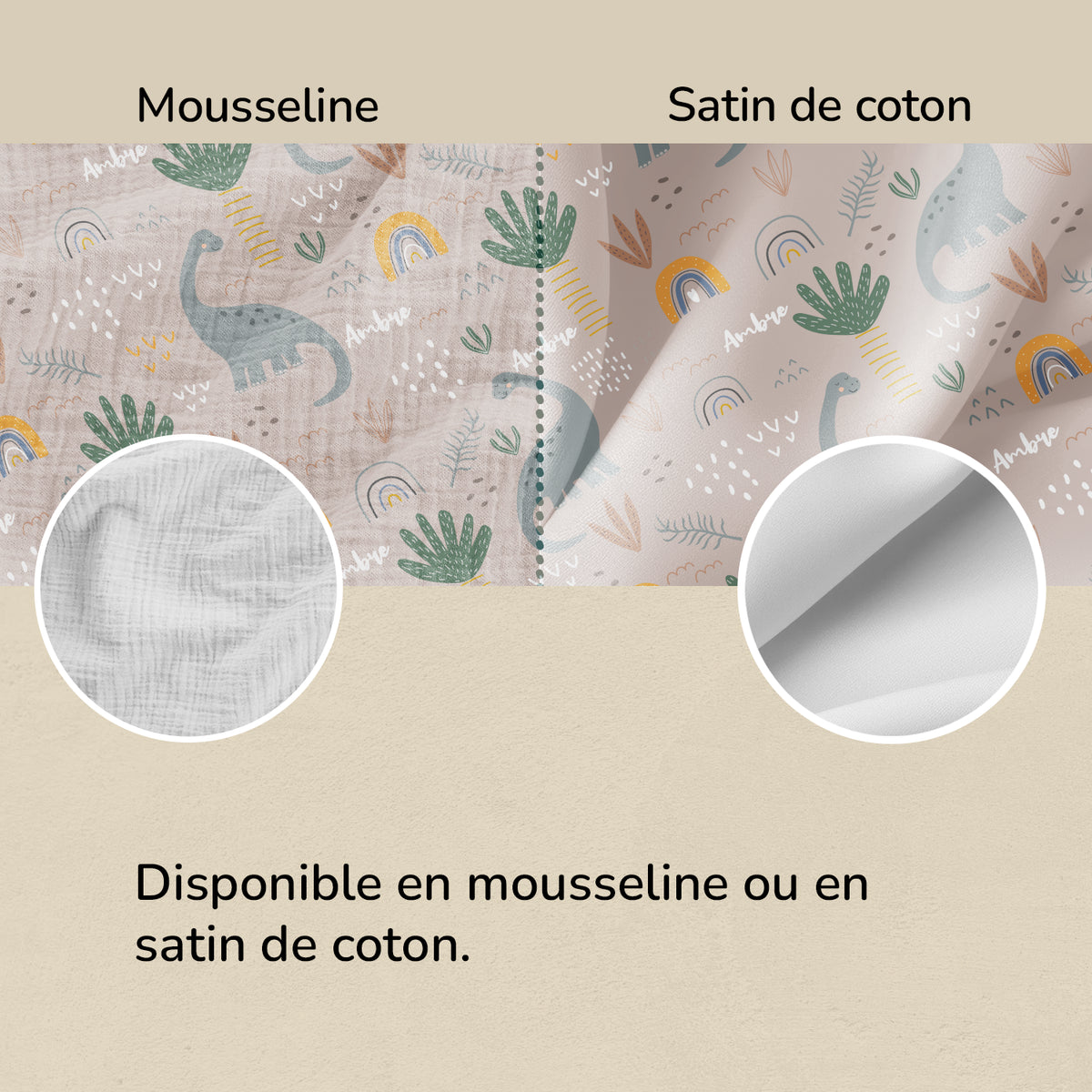 Infographie parure de lit Dinosaures : disponible en mousseline ou en satin de coton market_france