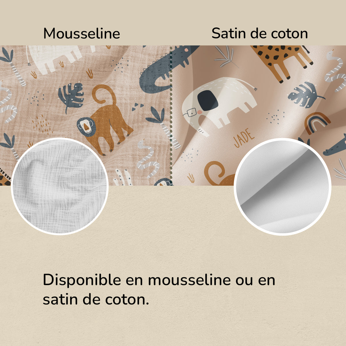 Comparatif mousseline et satin de coton de la parure Savane avec prénom market_france
