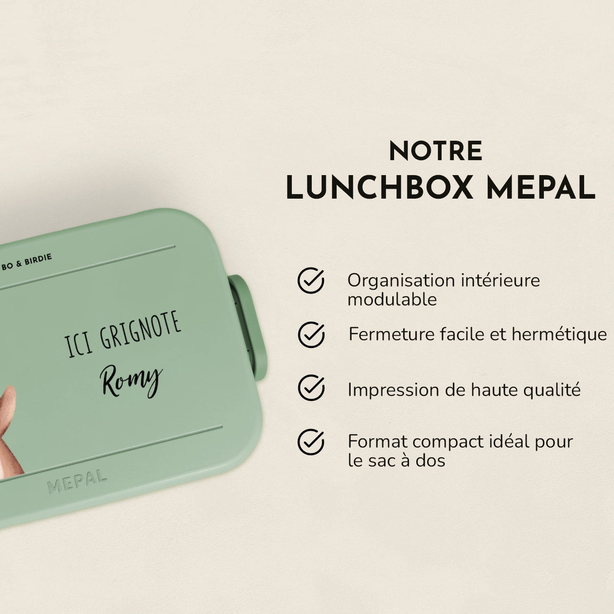 Infographie lunch box Mepal Ici grignote : organisation modulable, fermeture hermétique, format compact market_france