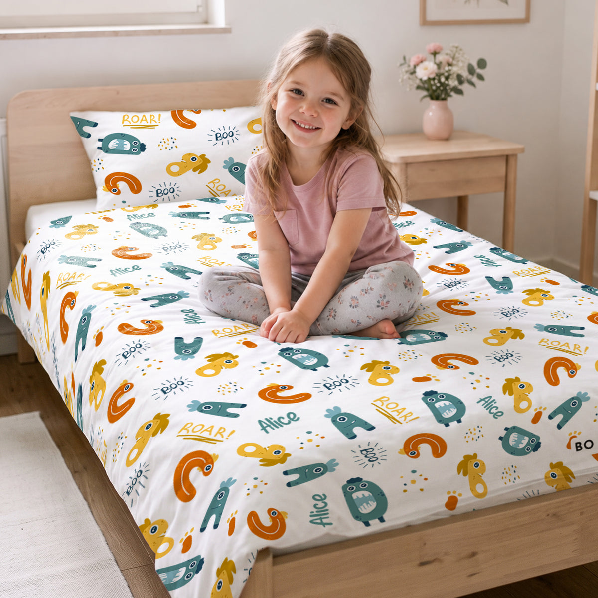 Fillette souriante assise sur son lit avec la parure Monstres et le prénom market_france
