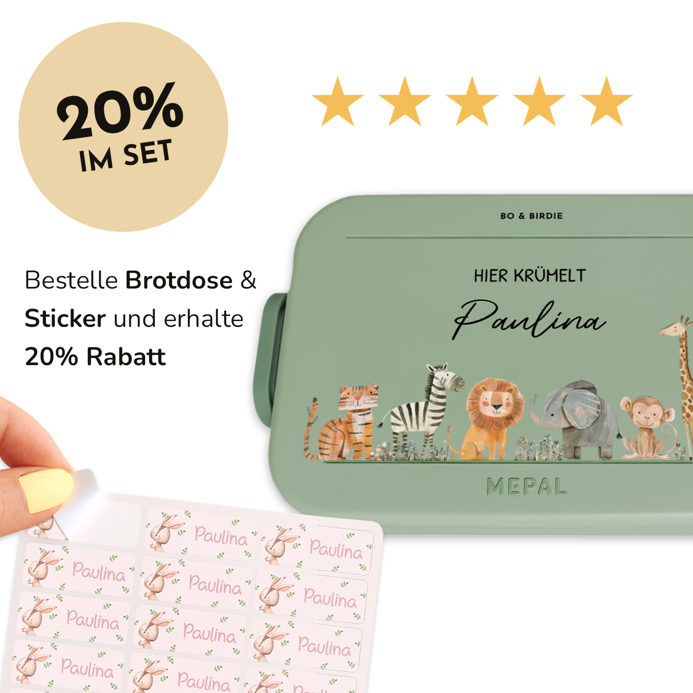 Personalisierte Mepal Brotdose "Safari" + 52 Aufkleber im Set